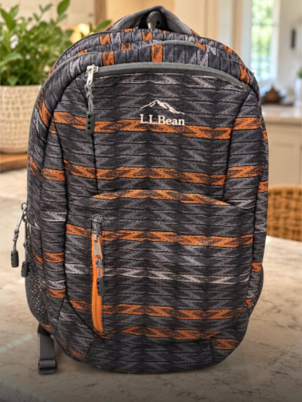 $80 LL BEAN Adult Size DELUXE BOOK Laptop BACKPACK Grey Orange Geometric Print
